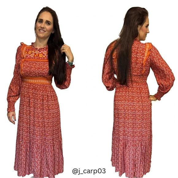 Boho Rust Floral Ruffle Midi Dress | Smocked Waist Prairie Dress - Picture 7 of 7